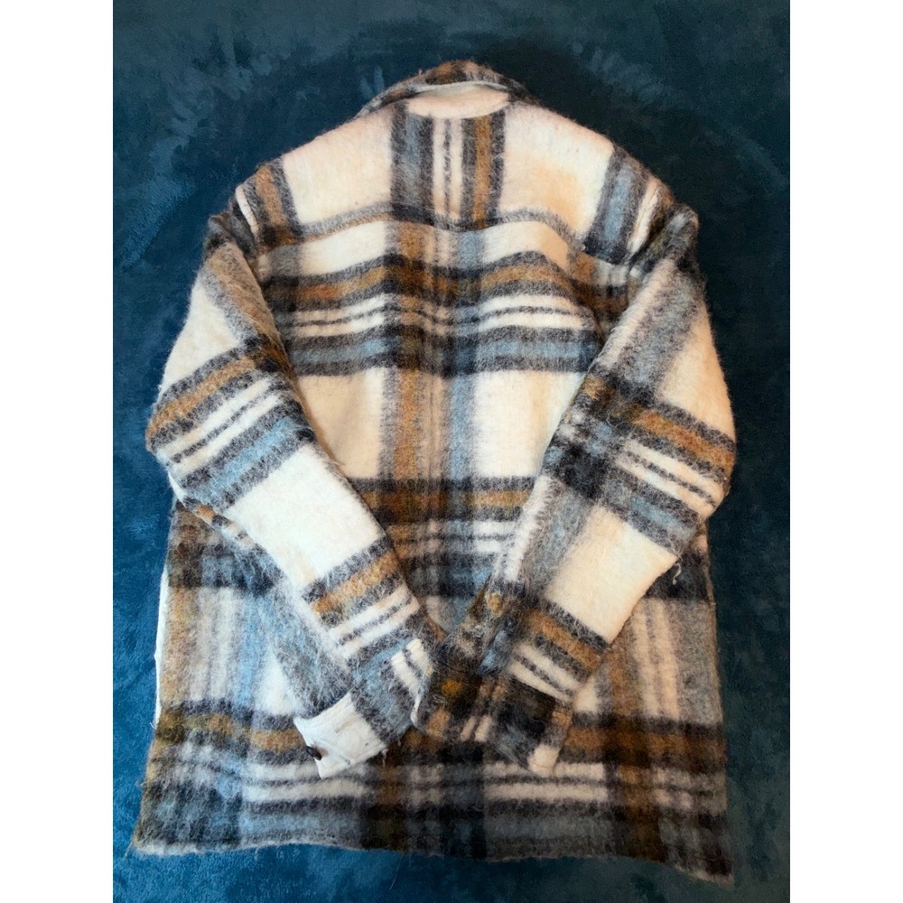 Zara Mens Plaid Shacket Jacket Cream Grey Ochre Wool Blend Size Medium M - Picture 4 of 5
